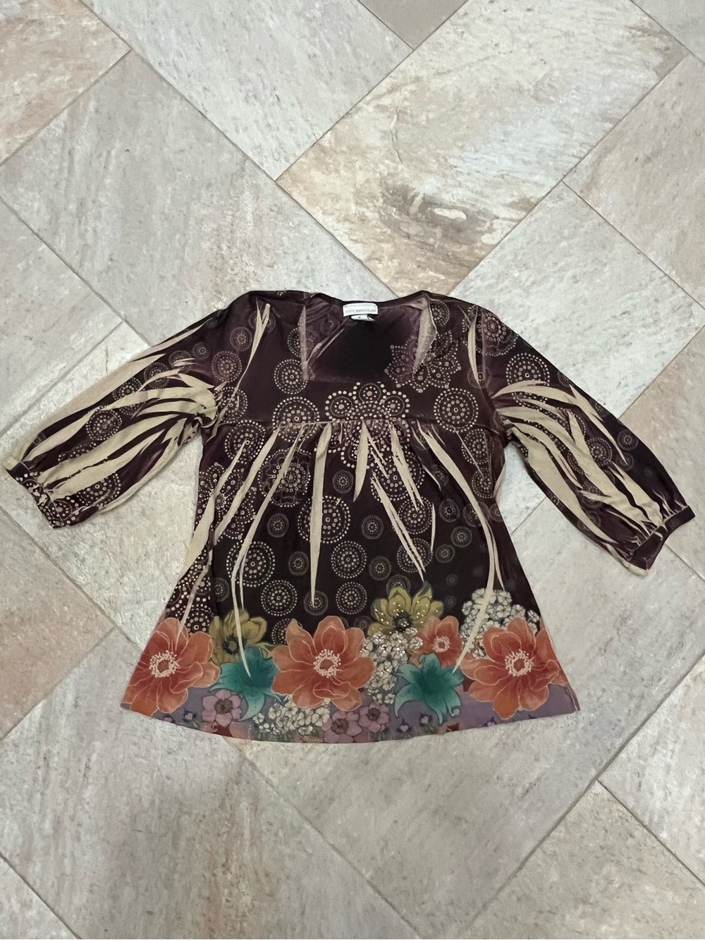 Petite Sophisticate Floral Peasant Blouse in Brown and Cream MP